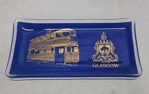 Bandeja de tranvía coronación bandeja azul vidrio Glasgow Escocia vintage placa RARA - Imagen 1 de 4