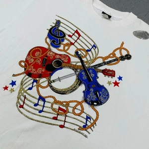 Vintage Musik T-Shirt Diamond Dust neu mit Etikett weiß Gitarre Banjo Violine Western Seil - Bild 1 von 11