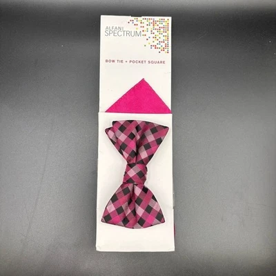 NWT Alfani Spectrum Men's Bow Tie + Pocket Square Pink Black Gable Gingham - Image 1 of 3