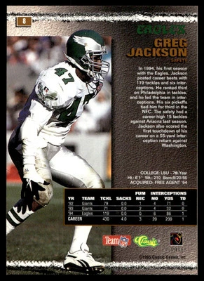 1995 Classics Pro Line Greg Jackson Philadelphia Eagles #8 - Image 1 of 2