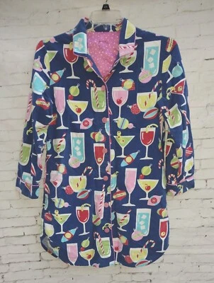 Nick & Nora SMALL Flannel Sleep Shirt Christmas Cocktails Ornaments Pajama Gown - Image 1 of 3