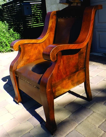 Antique Art Nouveau Empire Solid Burl Flame wood Arm Club Chair Springs seat Cover
