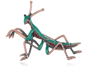 Copper Tone Red Colored Rhinestones Green Mantis Insect Brooch Pin - Picture 1 of 3