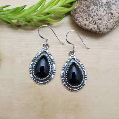 Lush Ónice Negro Piedra Preciosa 925 Plata de Ley Hecho a Mano Pendientes S-38 - Imagen 1 de 4