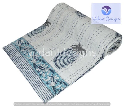 Colcha reversible de algodón individual con estampado de bloques Kantha india hecha a mano Foto 1 de 4