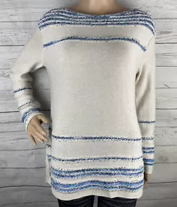 J. Jill Sweater XS White Blue Striped Boat Neck Tunic Thin Knit Cotton Blend - Picture 1 of 12