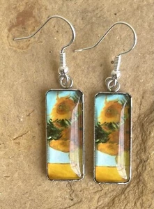 Van Gogh Flowers Oblong Dangle Boho Earrings .925 Sterling Silver Ear Hooks - Picture 1 of 6