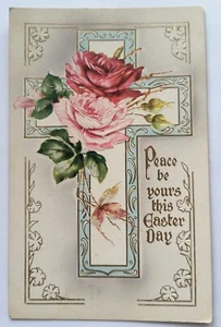 Peace on Easter Day Red Pink Roses on Cross Antique Postcard K6 - Picture 1 of 2