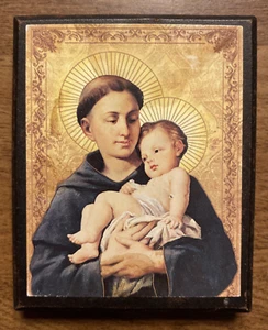 "Mini impresión religiosa vintage de San Antonio en madera con soporte 3 1/16"" x 2,5"" C27a" - Imagen 1 de 14