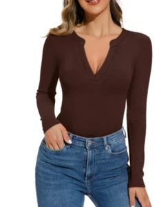 NEW Reoria Women's Sexy Deep V Neck Long Sleeve Slim Fit Bodysuit Size Medium - Picture 1 of 2
