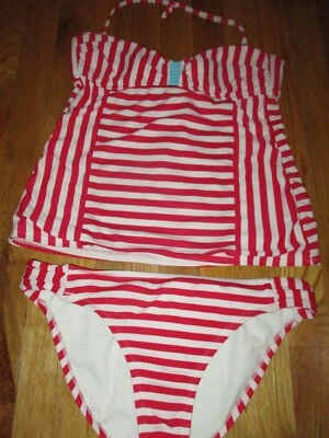 Hobie Red White Striped Tankini Bathing Swim Suit Size M-Top L-Bottom - Image 1 of 4