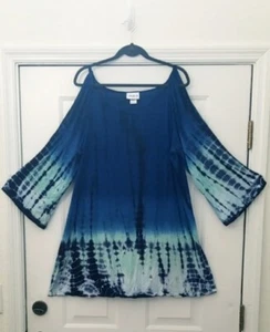 SWIMSUITS FOR ALL BLUE TIE DYE COLD SHOULDER 3/4 SLEEVE COVER UP DRESS-18/20 - Picture 1 of 6