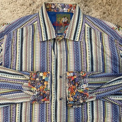 Camisa masculina Robert Graham com botões listra GG/Paisley/SKULLS punho flip  - Imagem 1 de 4