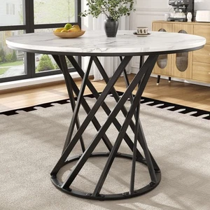 Rund Esstisch mit Marmoroptik Modern Design Küchentisch mit Schwarze Metallgeste - Bild 1 von 10