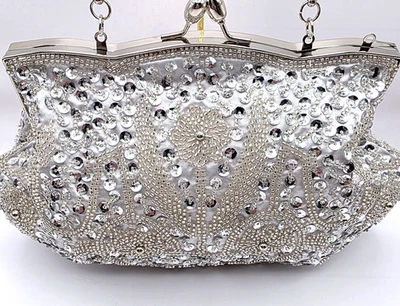 Bolsa de festa formal estilo vintage alça prata lantejoulas frisadas - Imagem 1 de 4