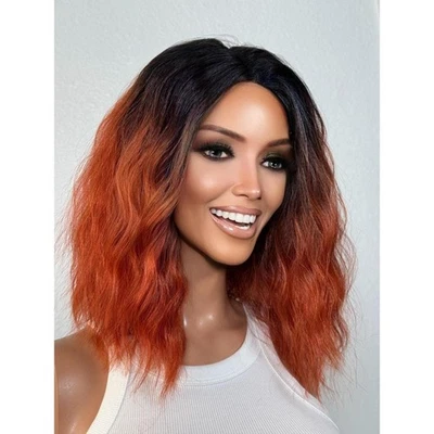 Red-Orange Coppery Dark Ombre Roots Wig, Auburn Spooky Halloween Hairstyle Wig - Image 1 of 4
