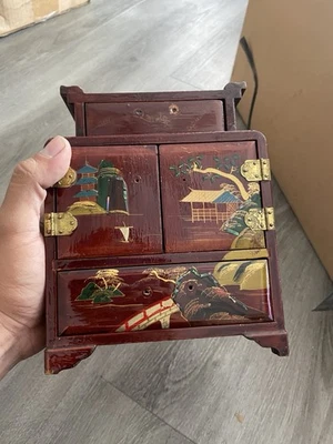 Vintage Japanese Black Lacquer Jewelry Box Hand Painted Design - Image 1 of 4