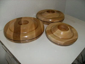 HAND CRAFTED NEW DECORATIVE SET OF 3 WOOD CANDLE HOLDERS by CHUCK MUENZER - Picture 1 of 6