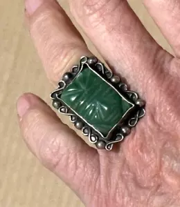 Mexiko Taxco 925 Sterling Silber Vintage Jade geschnitzte Maske Ring - Bild 1 von 11