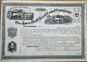 Iowa Rail Road Land Co. 1880 certificado de stock con 3 viñetas, IA Railroad RR - Imagen 1 de 1