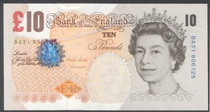 Banco de Inglaterra, M.V. Lowther, 10 libras, [2000], serie BA--, AUNC nick en la parte superior - Imagen 1 de 2