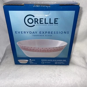 Corelle Everyday Expressions 4 Pk Glass Graphic Cereal/Soup Bowls Red /White NIB - Picture 1 of 10