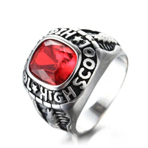 Vintage Red CZ High School Rings Stainless Steel Eagle Biker Punk Jewelry Ring - Picture 1 of 6