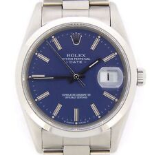 Men Rolex Date Stainless Steel Watch Oyster Bracelet Domed Bezel Blue Dial 15200