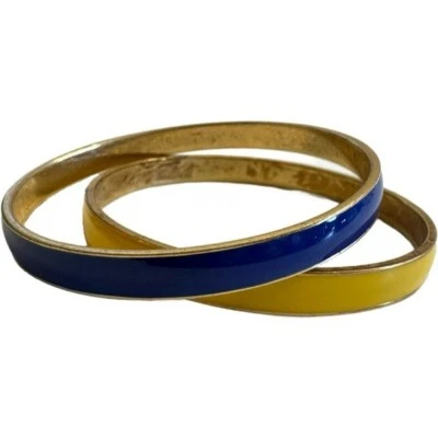 Vintage J Crew Gold Tone Blue & Yellow Enamel Bangle Bracelets 8.5” Lot of 2 Foto 1 de 4