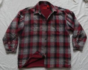 Fleece Lined Gray Red Plaid Quilted Flannel Work Shirt - XL Mens Insulated