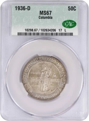 Columbia Commemorative Silver Half Dollar 1936-D MS67 CACG - Image 1 of 4