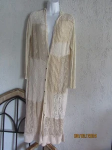 VTG Free People S/P crocheted maxi duster hooded tapered sleeves oatmeal blend - Picture 1 of 7