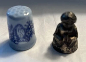 2 Praying Thimbles: Blue Praying Hands & Roses, Pewter? Angel Praying Thimbles - Picture 1 of 9