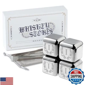 Whiskey Stones Gifts Set with Initial for Men and Women, 4pcs Stainless Steel - Picture 1 of 5