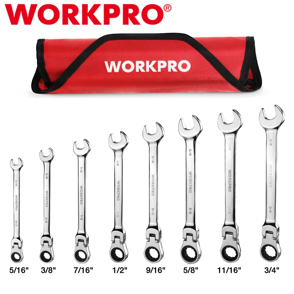 WORKPRO 8PC Flex-Head Ratcheting Combination Wrench Set 5/16-3/4 in SAE 72-Teeth - Image 1 of 4