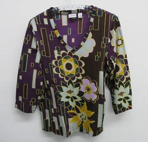 CHICO'S TEE TOP WOMENS 3 LARGE V-NECK 3/4 SLEEVE FLORAL BROWN PURPLE YELLOW PINK - Picture 1 of 7