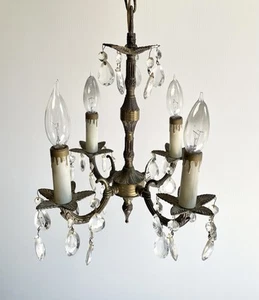 Vintage Small Brass 4 Arm Filigree & Crystal Chandelier 29 Crystals, Spain - Picture 1 of 22