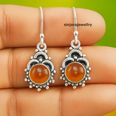 Amber Gemstone 925 sterling silver handmade Dangle Drop Earrings 1.50" - Image 1 of 3