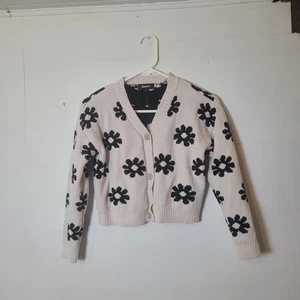 DKNY Cream and Black Floral Cardigan Sweater Girls Size Medium - Picture 1 of 6