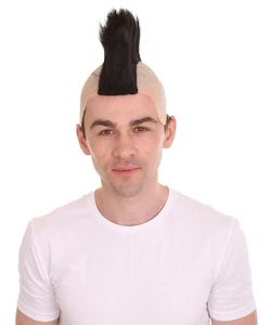 80s Punk Rocker Mohawk Wig Black Spiked Hair Cosplay Bald Cap Costume - Picture 1 of 9