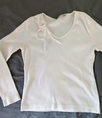 Vintage Together White Ribbed Cotton Long Sleeve Top  Lace Ribbon L Cottagecore - Image 1 of 4