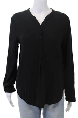 Raquel Allegra Womens Round Neck Long Sleeves Quarter Button Blouse Black Size S - Image 1 of 4
