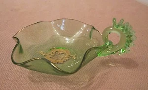 vintage hand blown ornate gold gilded green Czech glass dish tray jar w/ handle - Picture 1 of 6