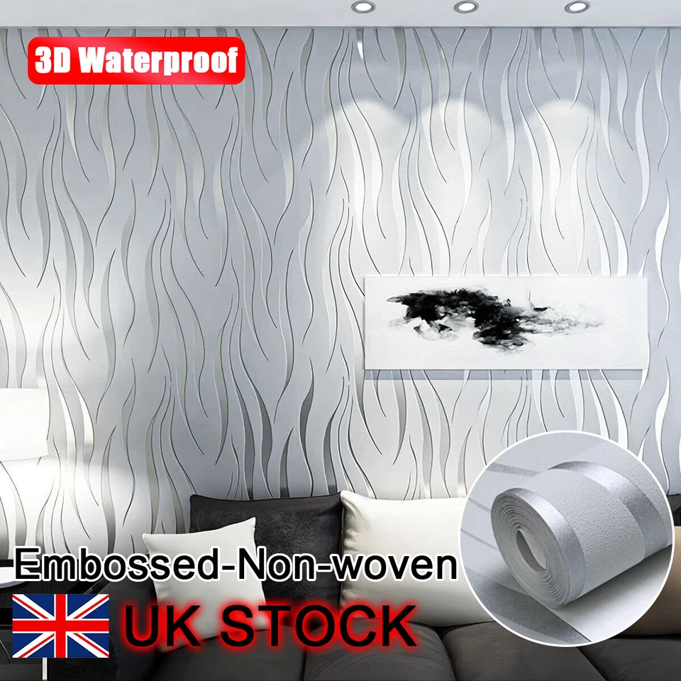 10m Silver Wave Wall Paper Roll Damask Embossed Feature 3d Textured Wallpaper UK