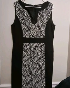 Womens Tahari ASL Dress Black & White Geometric Print Sheath Split Neck Size 14 - Picture 1 of 11