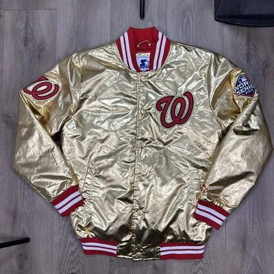 Chaqueta de iniciación de los Nacionales de Washington satinada MLB Gold 2019 Serie Mundial talla pequeña Foto 1 de 4