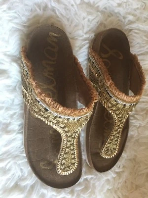 Sandalias Sam Edelman Olivie Natural Satinado Dorado Correa en T Deslizable Tanga Talla 6 Foto 1 de 4