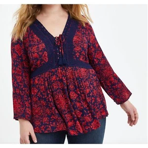 Torrid Babydoll Gauze Crochet Trim Lace-Up Top Tunic Red Valentine's Sz 4X - Picture 1 of 11
