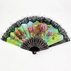 Ventaglio giapponese vintage pieghevole per signora in stoffa colorato merletto - Foto 1 di 11