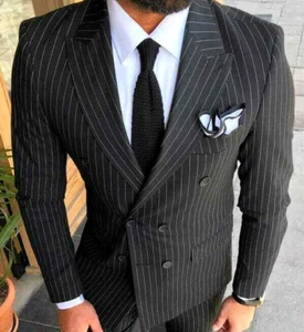 Traje de hombre de diseño de dos filas negro blanco rayas con aguja traje tallado delgado - Imagen 1 de 5